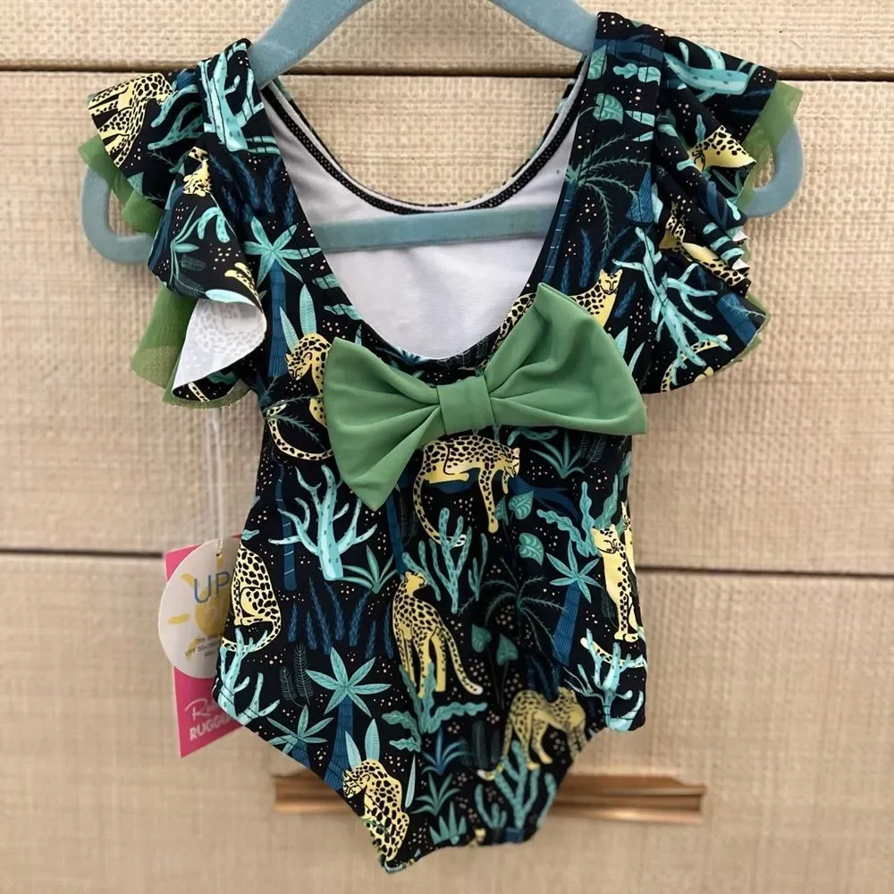 NWT RuffleButts Butterfly Sleeves Jungle Safari Swimsuit 3-6 months